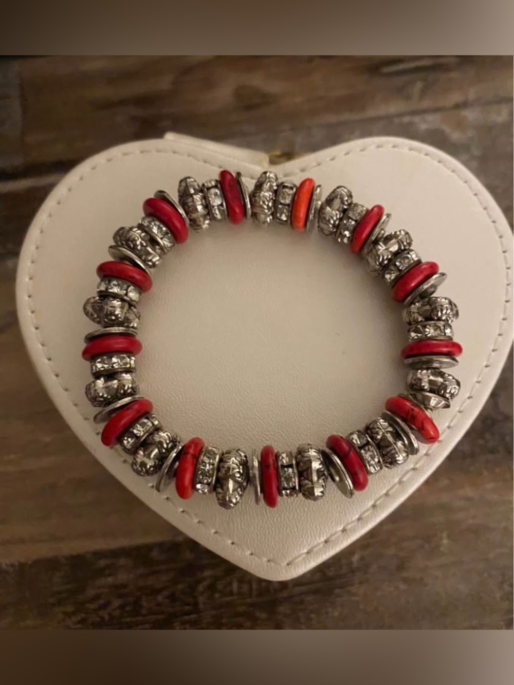 Red Bead and Rhinestone Stretch Bracelet